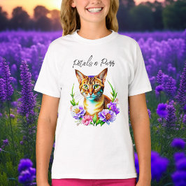 Camiseta Pétalas e Gato Puro e Flores Bonito
