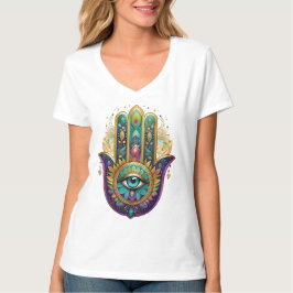 Camiseta Pétalas Violeta Verde Dourado Hamsa Turquesa Terce