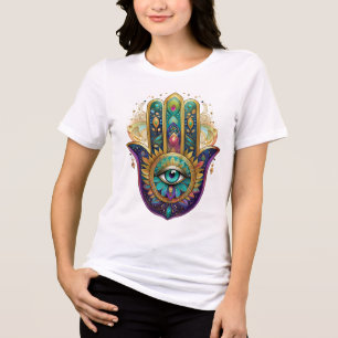 Camiseta Pétalas Violeta Verde Dourado Hamsa Turquesa Terce