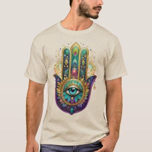 Camiseta Pétalas Violeta Verde Dourado Hamsa Turquesa Terce