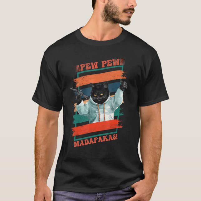 Camiseta Pew Pew Madafakas Cat Vintage (Frente)