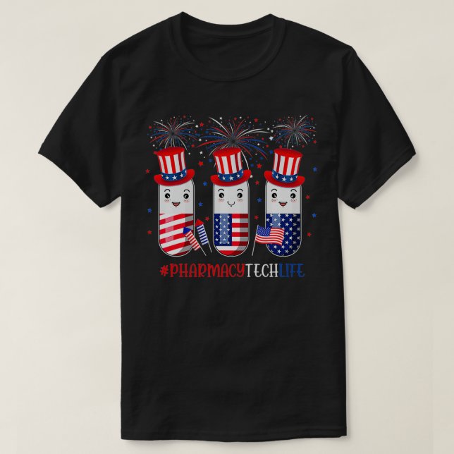 Camiseta Pharmacy Tech Funny Pills American Patriotic 4th O (Frente do Design)