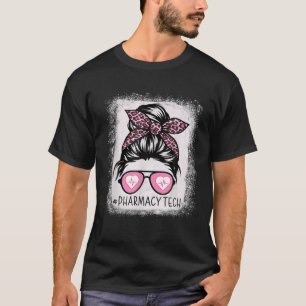Camiseta Pharmacy Tech Life Bleached Pink Leopard Messy Bun