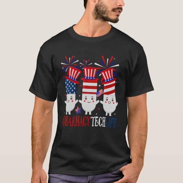 Camiseta Pharmacy Tech Pula Patriótico Americano 4 De Julho (Frente)