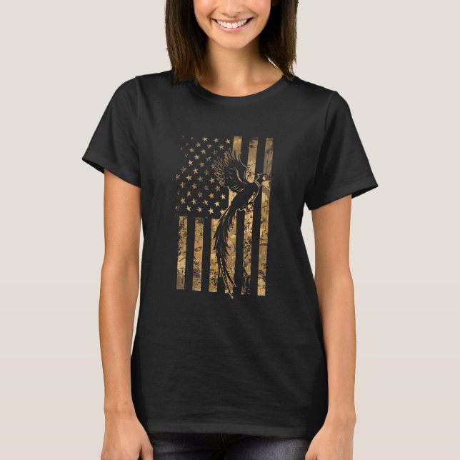Camiseta Pheasant Bird Hunter American Flag Camouflage Phea (Frente)