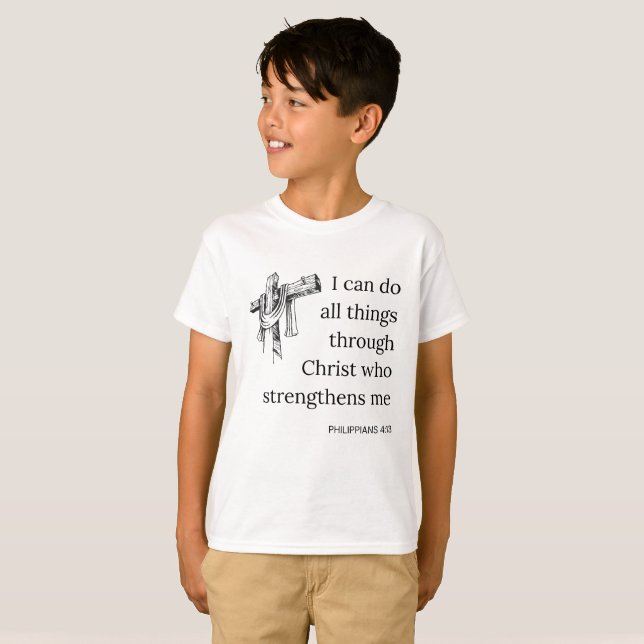Camiseta Philippians 4:13 Escritura de Bíblia KJV Cote Boy (Frente Completa)