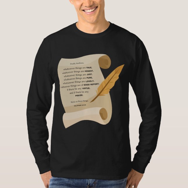 Camiseta Philippians 4:8 KJV Bíblia Cote Scroll Men (Frente)
