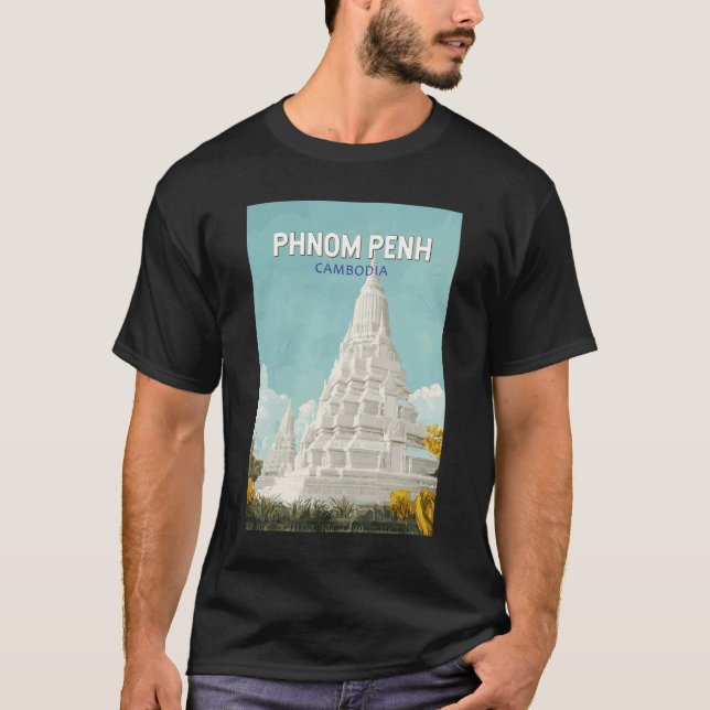 Camiseta Phnom Penh Cambodja Ilustração Retrô Viagem de Art (Frente)