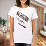 Camiseta Photo collage film name birthday woman<br><div class="desc">For a white/light colored t-shirt. Personalize and add a name and 3 photos inside the film roll frame. Black text.</div>