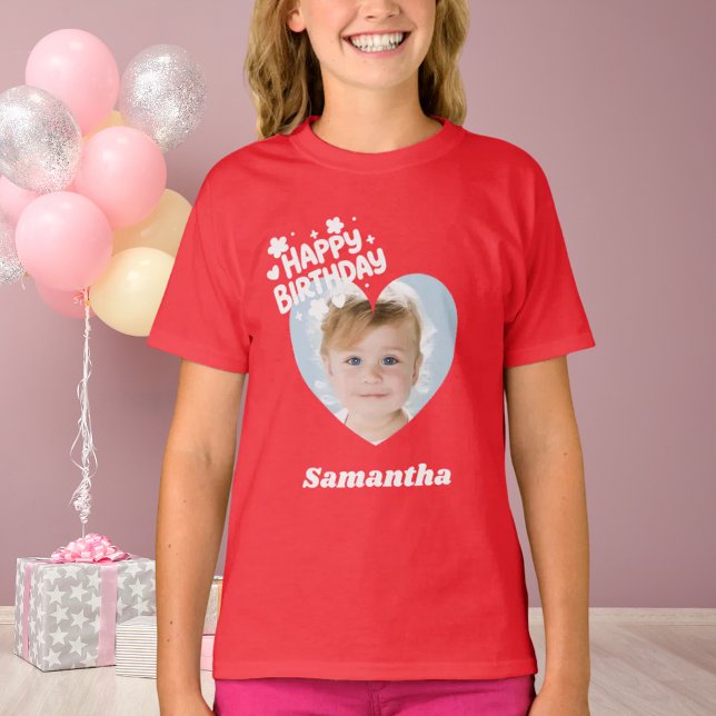Camiseta Photo heart name birthday girl red (Criador carregado)