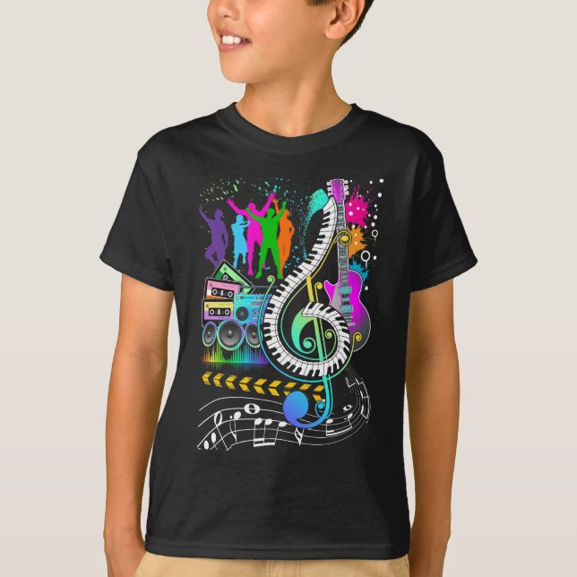 Camiseta Pianista Colorido de Música com Nota Musical Clef (Frente)
