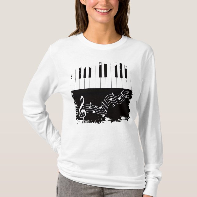 Camiseta Piano Artístico Chaves Treble Notas Musicais Limpa (Frente)