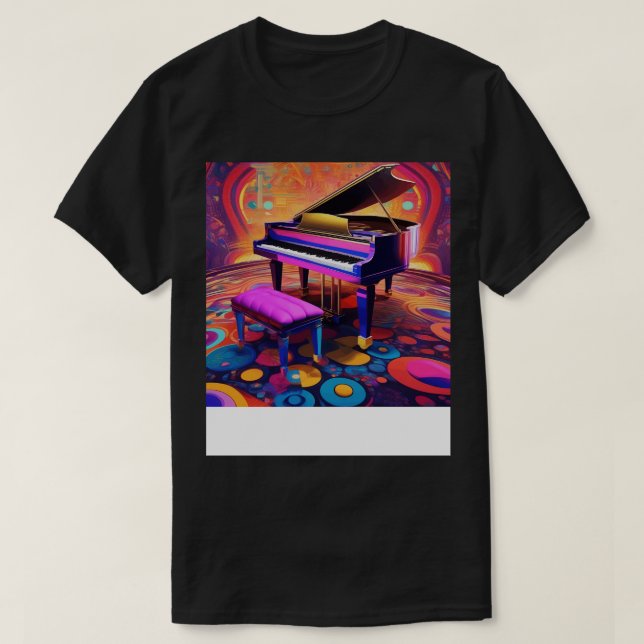 Camiseta Piano com fundo colorido e psicodélico (Frente do Design)