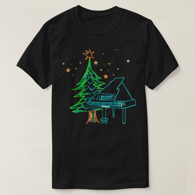 Camiseta Piano e árvore de Natal com estrelas (Frente do Design)