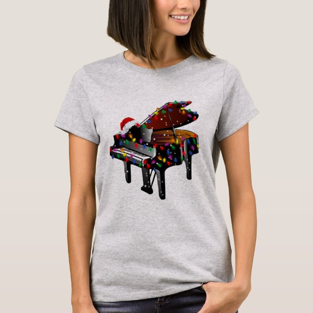 Camiseta Piano Santa Hat Árvore de Natal Adora Música Engra (Frente)