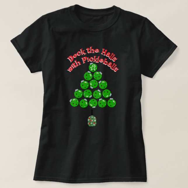 Camiseta Pickleball Christmas Tree Deck the Halls Dark (Frente do Design)