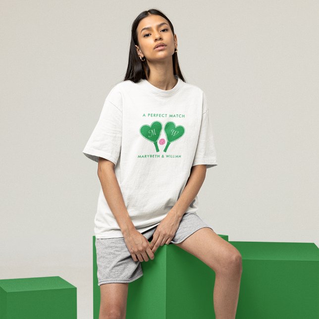 Camiseta Pickleball de Casamento Verde e Rosa Preppy (Criador carregado)