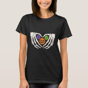 Camiseta Pickleball Halloween Esqueleto Mãos Amor Coração A
