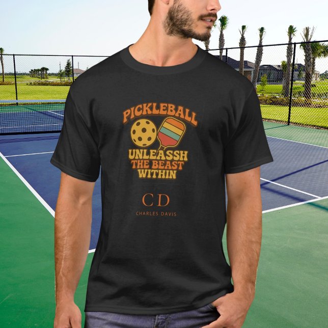 Camiseta Pickleball jogador negro retro orange citação de d (Criador carregado)