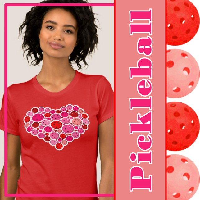 Camiseta Pickleball Preenchido Coração Rosa e Amor Vermelho (Pickleball heart - pink and red pickleballs)