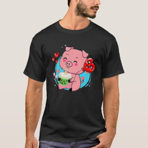 Camiseta Pig Boba Tea Bubble Tea Kawaii Anime Japonês Neko