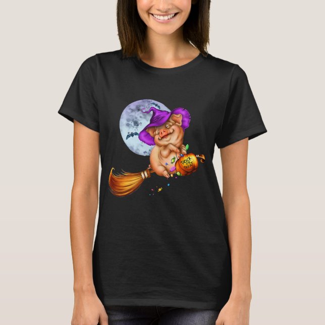 Camiseta Pig Halloween Pumpkin Witch Hat (Frente)
