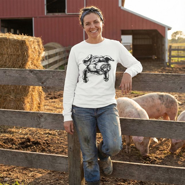 Camiseta Pig Head Farm Animal Drawing in Black White (Criador carregado)