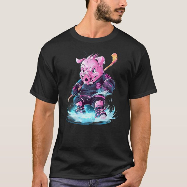 Camiseta Pig Ice Hockey Player Hockey Stick Goalie (Frente)