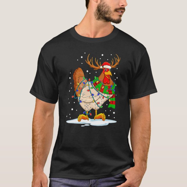 Camiseta Pijama de Luzes de Natal Rena de Natal de Frango (Frente)