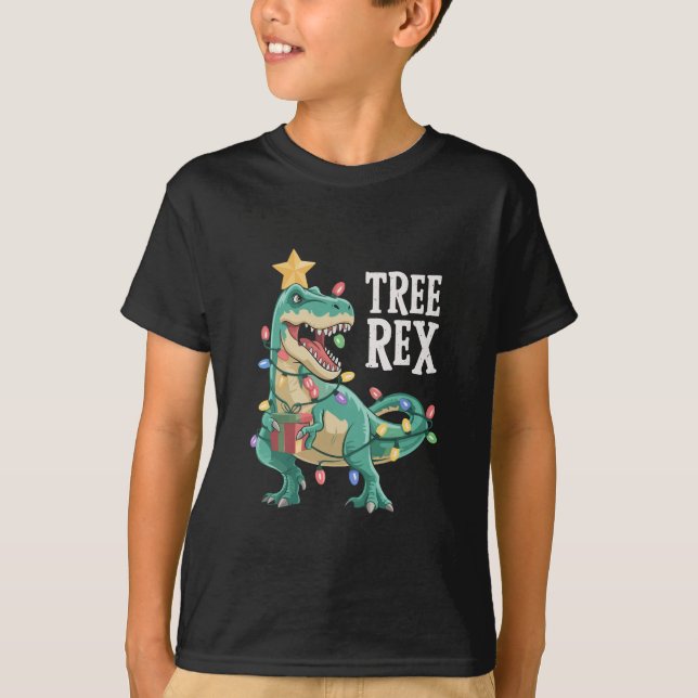 Camiseta Pijama de Natal Dinosaur Tree Rex Luzes de Natal  (Frente)