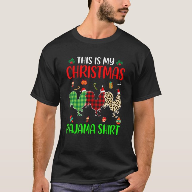 Camiseta Pijama de Natal Frango Animais Luzes da Árvore de  (Frente)