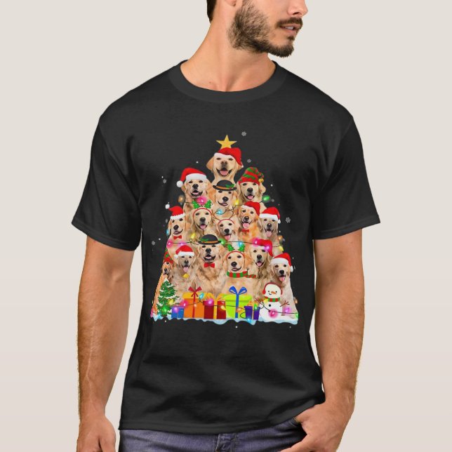 Camiseta Pijama de Natal Retriever Dourado Árvore Presente  (Frente)