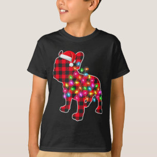 Camiseta Pijama Vermelho Xadrez Bulldog Francês Natal Luzes