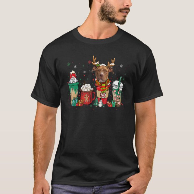 Camiseta Pijamas de Natal de Café de Cachorro Pitbull Fofo  (Frente)