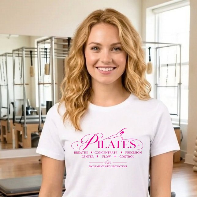 Camiseta Pilates de Luxo | Os Princípios Básicos Rosa (Luxury Pilates _ The Core Principles T-Shirt Pink)