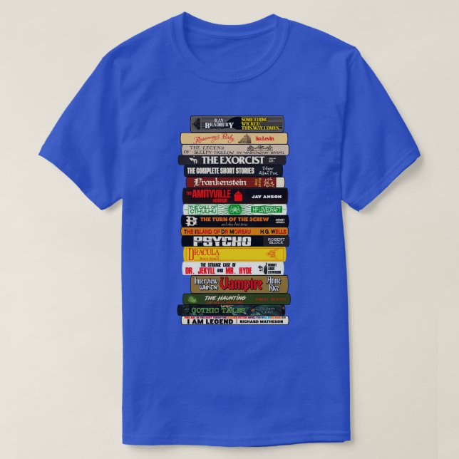 Camiseta Pilha Clássica de Livros de Horror (Frente do Design)