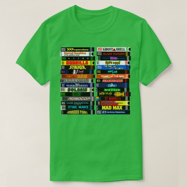 Camiseta Pilha de ficção científica VHS (Frente do Design)
