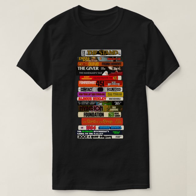 Camiseta Pilha de Livros de Ficção Científica (Frente do Design)