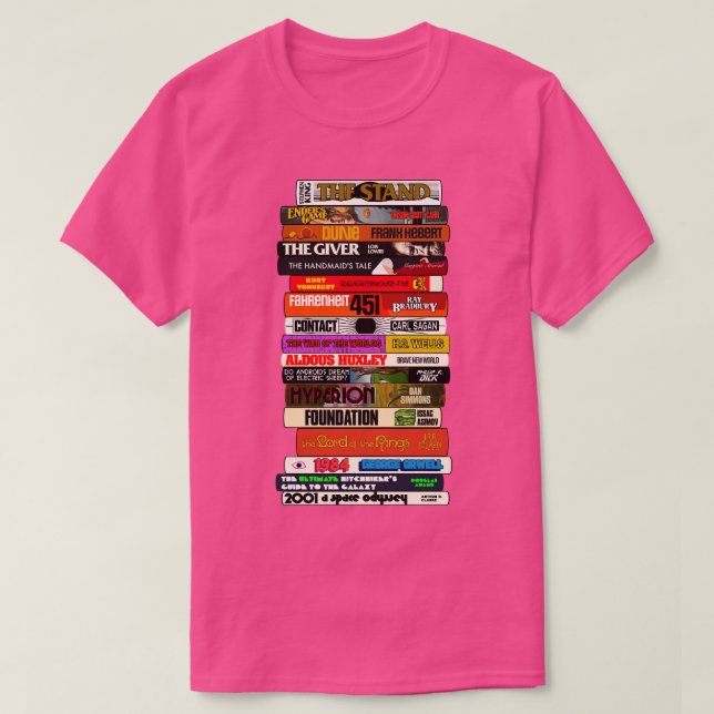 Camiseta Pilha de Livros de Ficção Científica (Frente do Design)