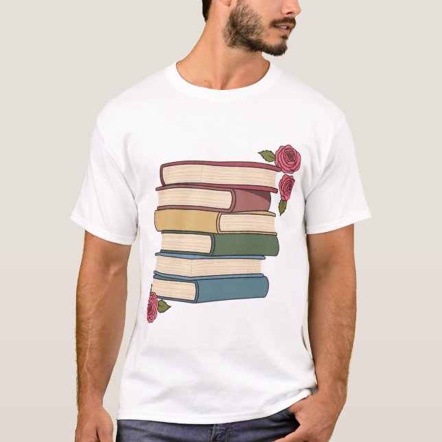 Camiseta Pilha de Livros Fofa com Rosas (Frente)