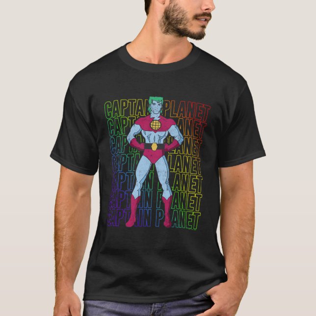 Camiseta Pilha de Texto do Capitão Planeta Herói do Arco-Ír (Frente)