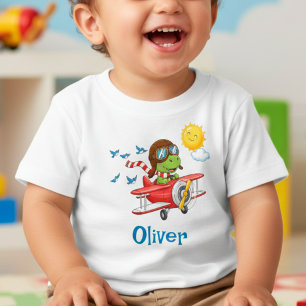 Camiseta Piloto de Dinossauro Fofo Voando Avião Vermelho