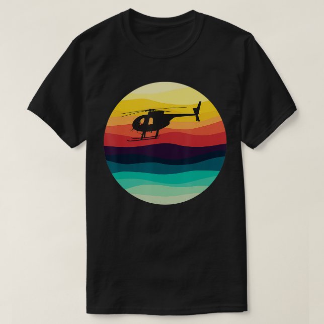 Camiseta Piloto do Helicóptero Retro Silhouette MD 500 Suns (Frente do Design)