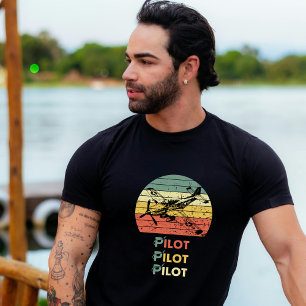 Camiseta Piloto Pôr do Sol Retro e Aviação de Avião Antigo