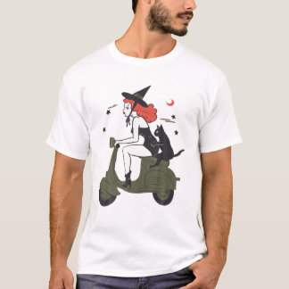 Camiseta Pin Up Bruxa Andando Patinete Negro Halloween Pi