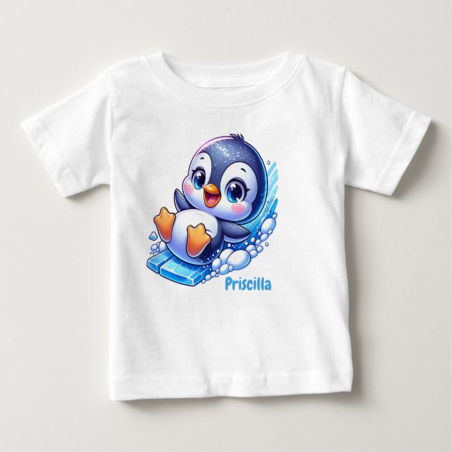 Camiseta Pinguim Adorável deslizando no gelo (Frente)