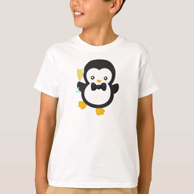 Camiseta Pinguim Bonito, Pinguim Com Champanhe, Partido (Frente)