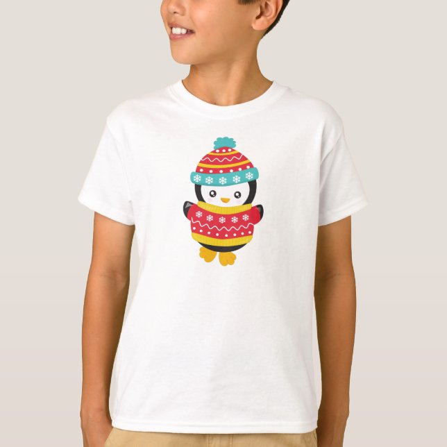 Camiseta Pinguim Bonito, Pinguim Com Suéter, Chapéu (Frente)