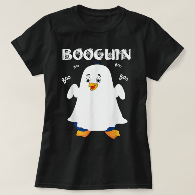 Camiseta Pinguim Booguin Halloween em fantasia fantasma eng (Frente do Design)