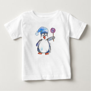 Camiseta Pinguim branco bonito com um pirulito